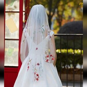 One Layer White Wedding Veil W/Multicolor Floral Appliques &  Attatched Comb